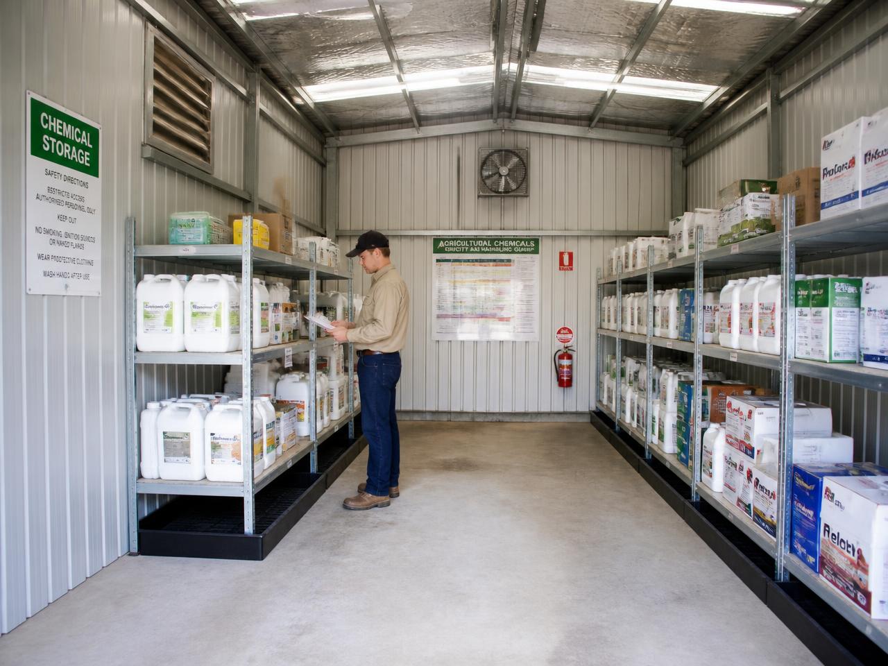 Orderly, well-ventilated farm chemical store with labelled containers on steel shelving