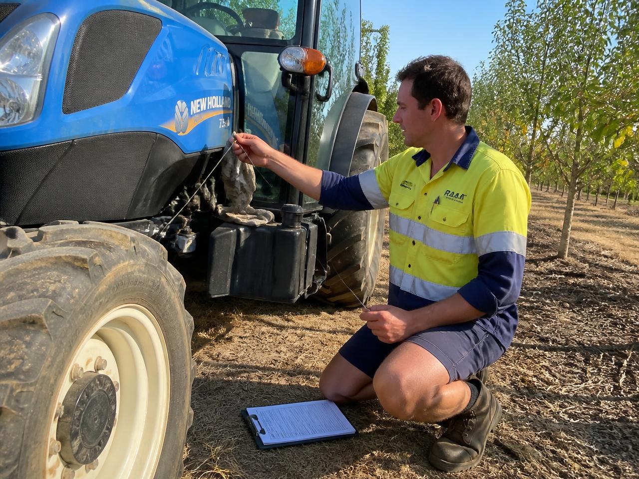 Farm worker completing a tractor pre-start inspection with a checklist in an orchard