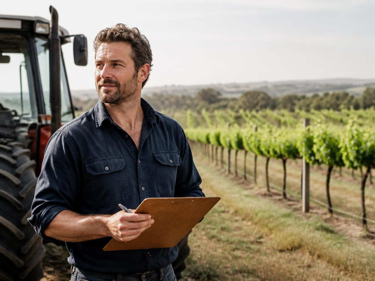 Farm manager with a clipboard beside a tractor in a vineyard